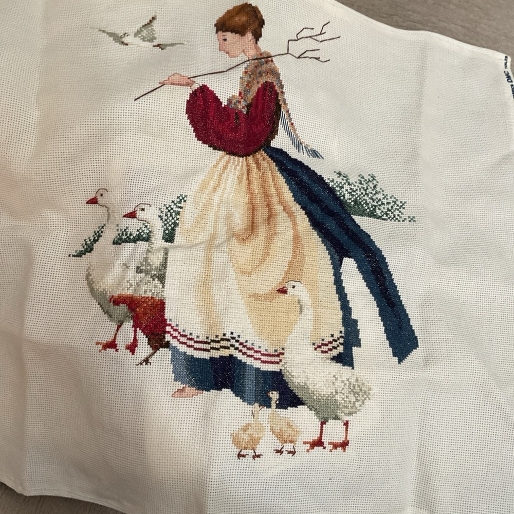 Feathers and Friends, Elegant Woman with Geese Cross Stitch Tapestry